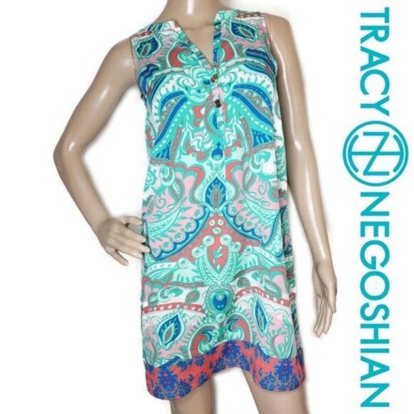 Tracy Negoshian XS Sleeveless Colorful Paisley Print Shift Dress Gold Buttons - Picture 3 of 12